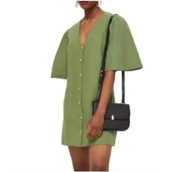 Topshop Dresses & Skirts - Topshop Womens Mini Dress Size 6 Olive Green Linen Blend Puff Sleeves V-Neck